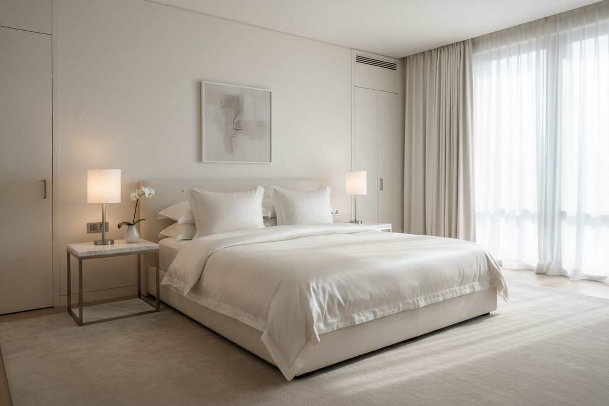 chambre assez simple mais classe ou on aperçoit un lit avec tout en soie dessus